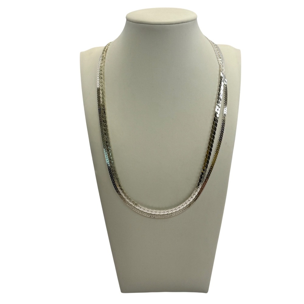 Silver Tone Herringbone Layered Flat Snake Chain Necklace Set Y2K 90s Minimalist